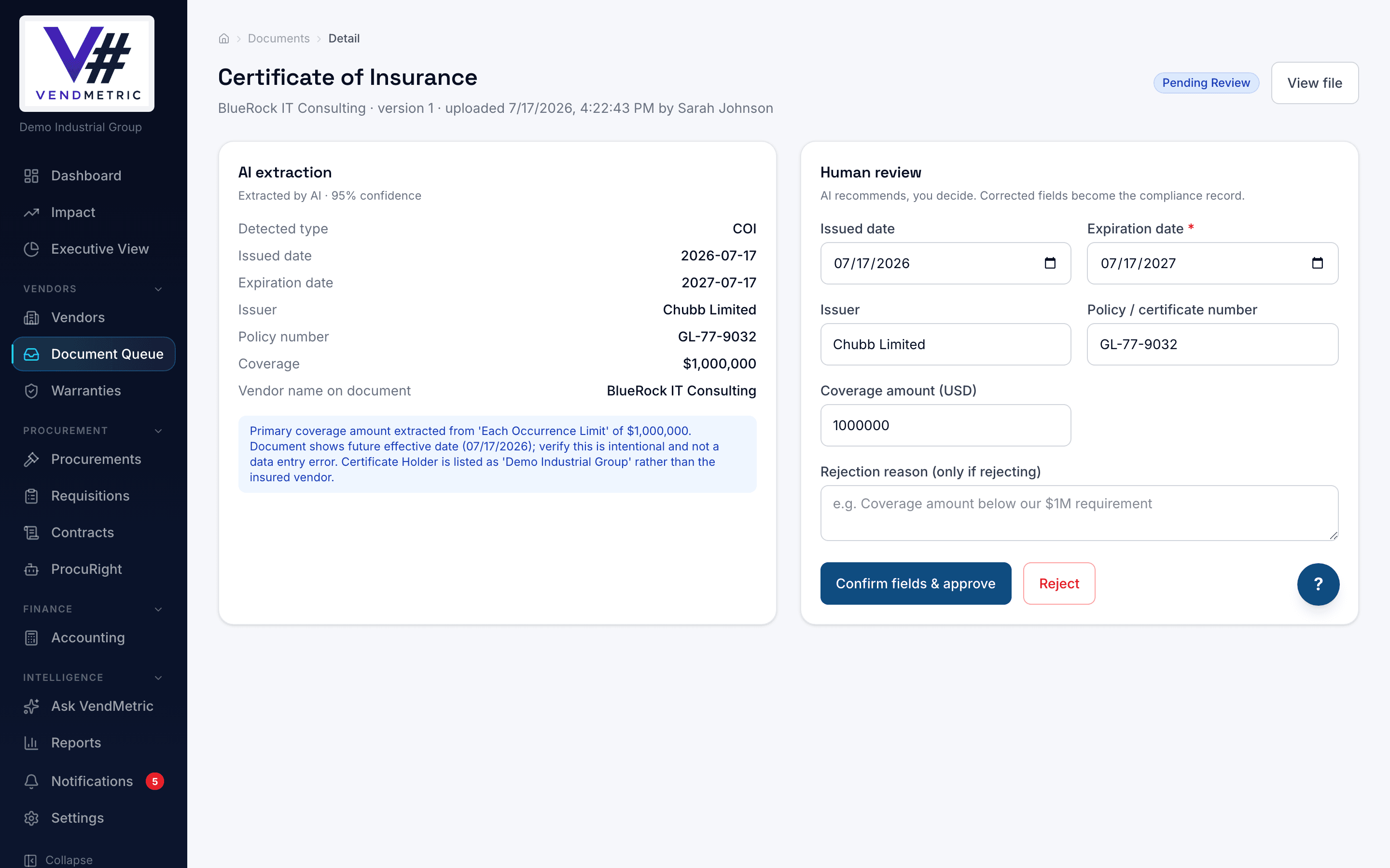 Extraction of a certificate of insurance with a Compliance Radar anomaly flag