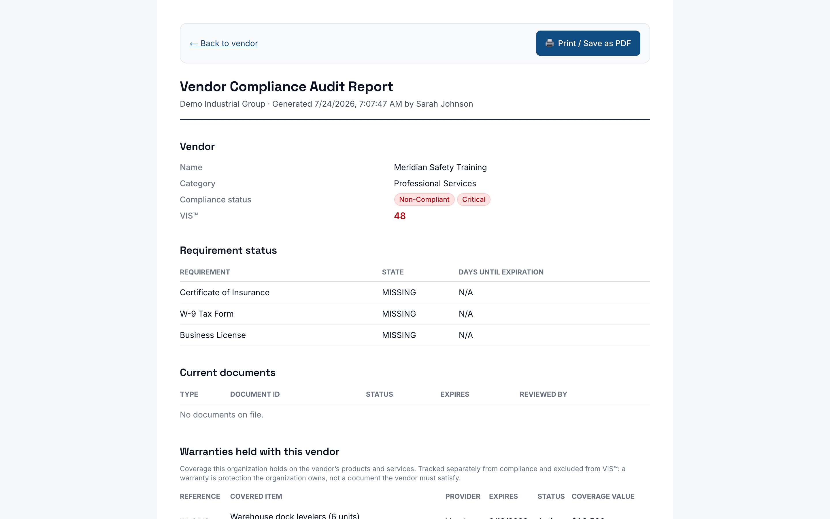 A vendor compliance audit report ready to export as PDF