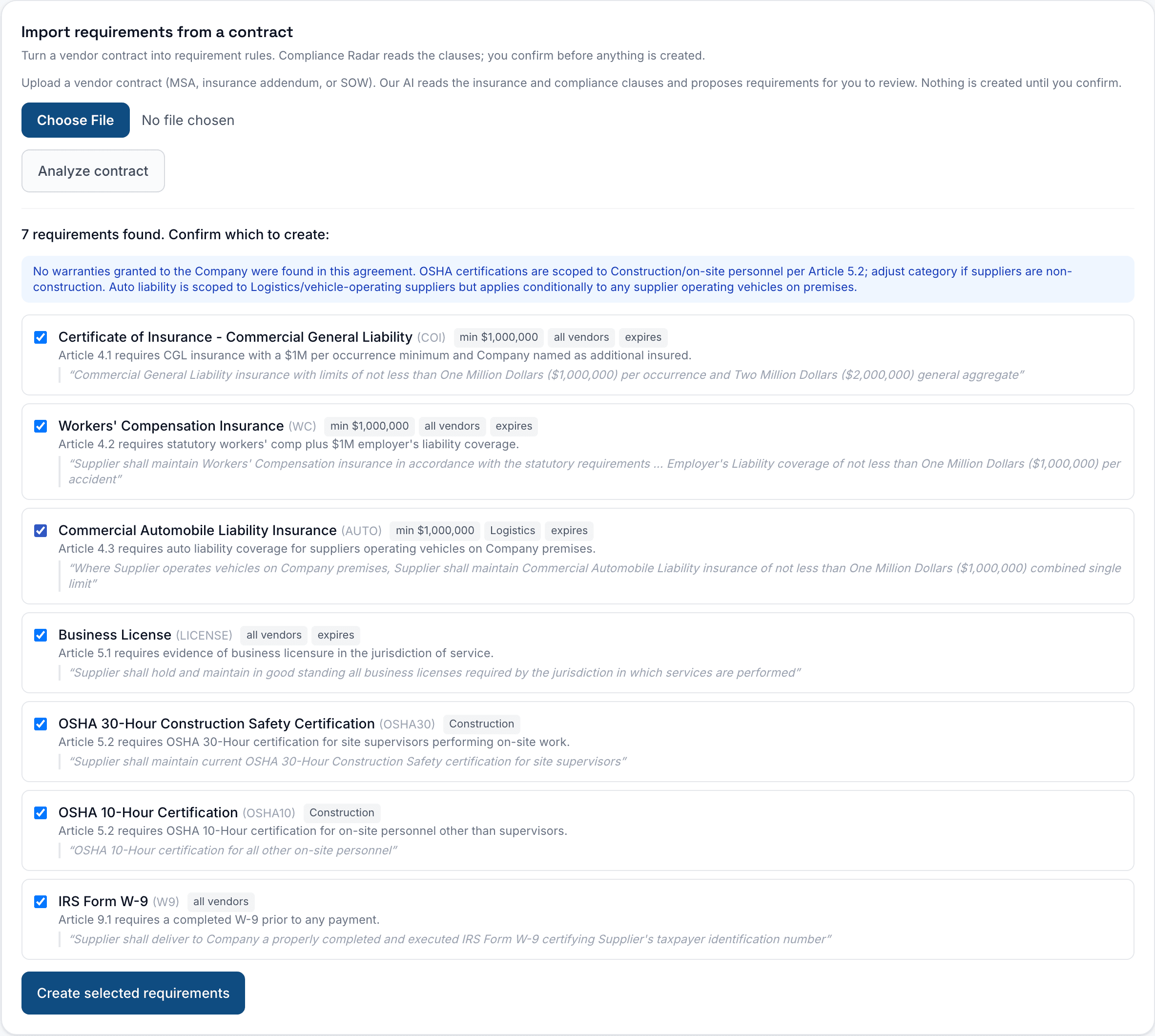 VendMetric proposing compliance requirements read from an uploaded vendor contract