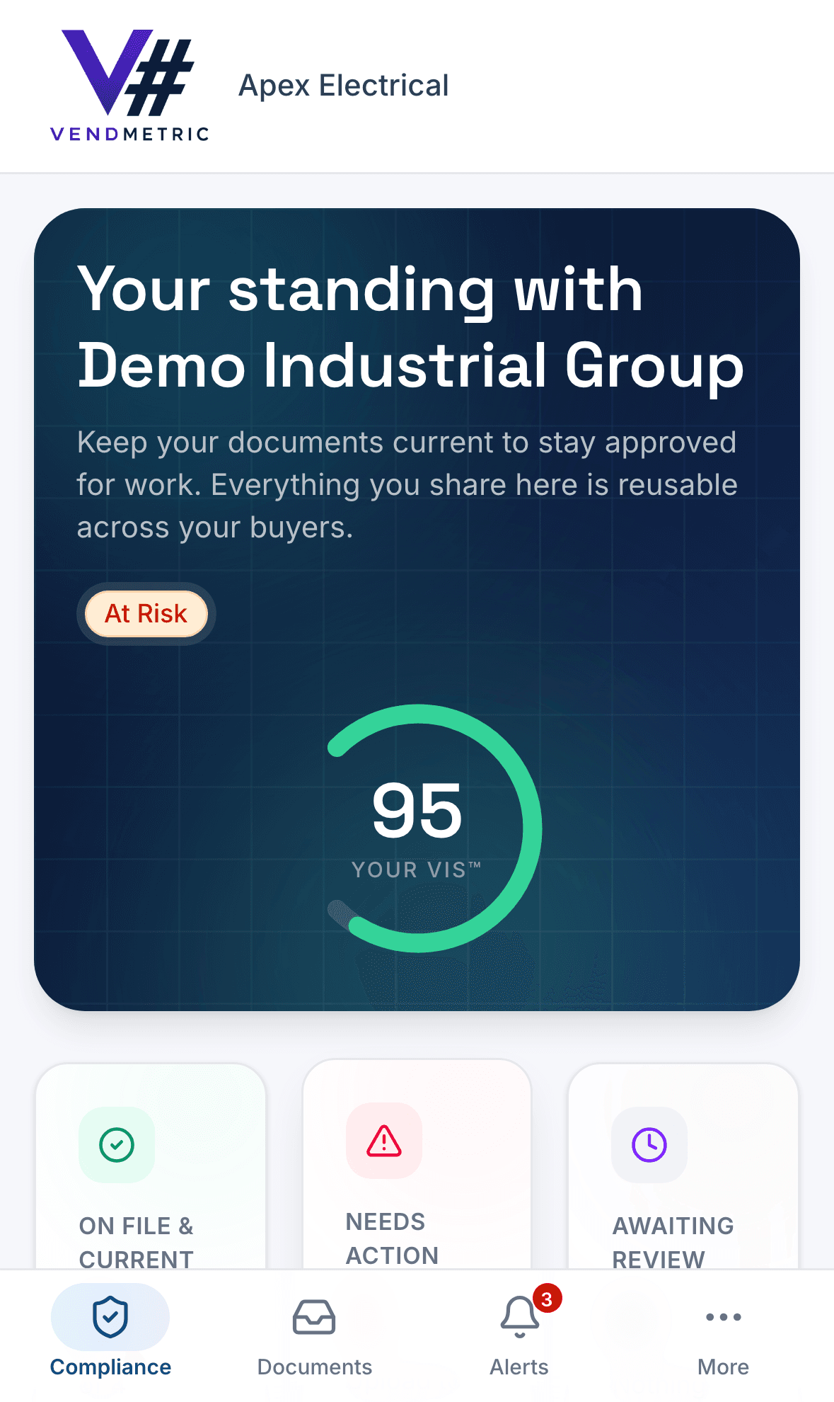 The VendMetric vendor portal on a phone, with requested documents and camera upload