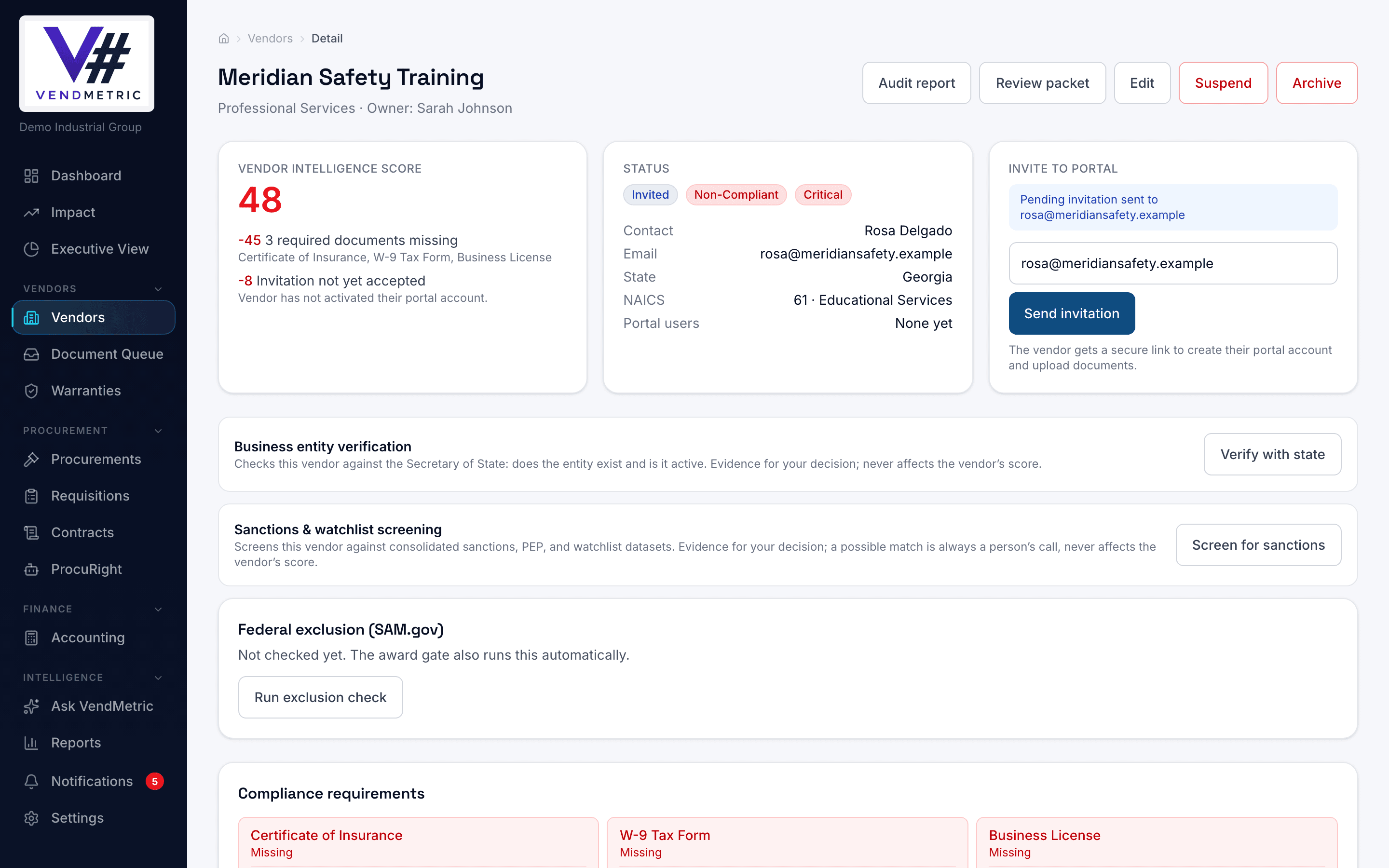 Vendor detail page showing the Vendor Intelligence Score with its contributing factors